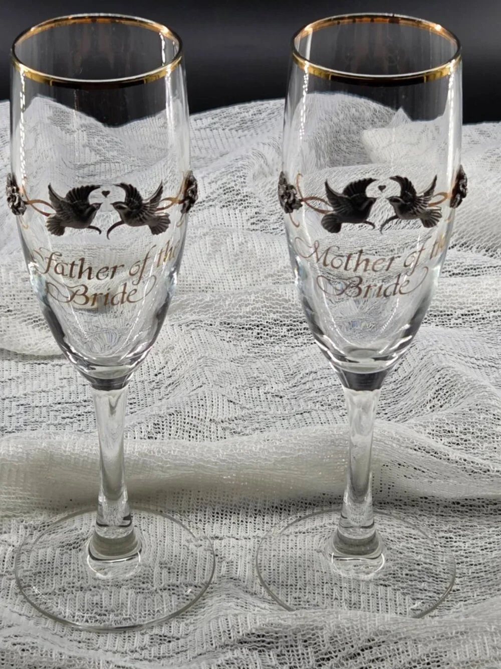 Vtg Rawcliffe Pewter Mother & Father of the Bride Champagne Flutes Gold Rim Pair